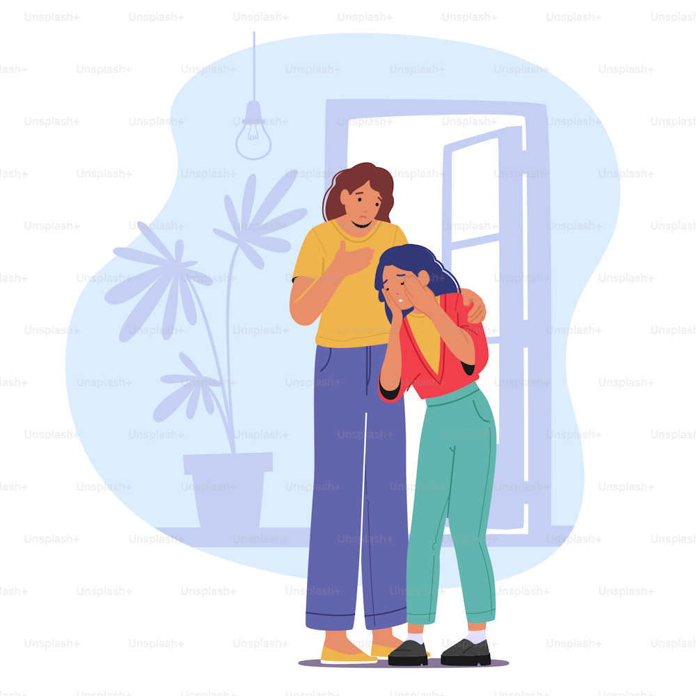 Parent Character Support Child. Mother Comforting and Hug Teenage Daughter in Living Room Mom and Girl Talking and Share Problems. Confidential Relations, Parenting. Cartoon People Vector Illustration