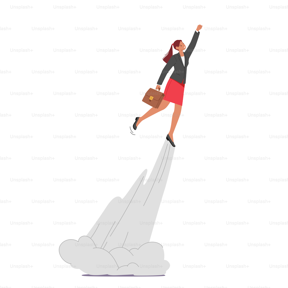 Working Success, Start Up, Goal Achievement, Career Boost Concept. Happy Business Woman Manager Super Hero Character Take Off like a Rocket Reach New Level of Development. Cartoon Vector Illustration