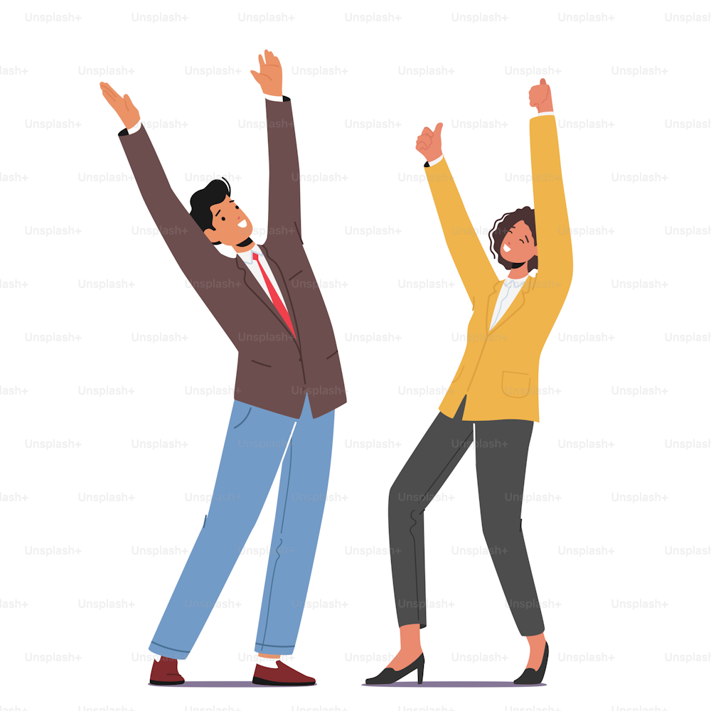 Cheerful Colleagues Office Employees Rejoice. Happy Male and Female Character in Uniform Laugh with Raised Hands. Young Excited Positive Man and Woman Happiness Emotion. Cartoon Vector Illustration