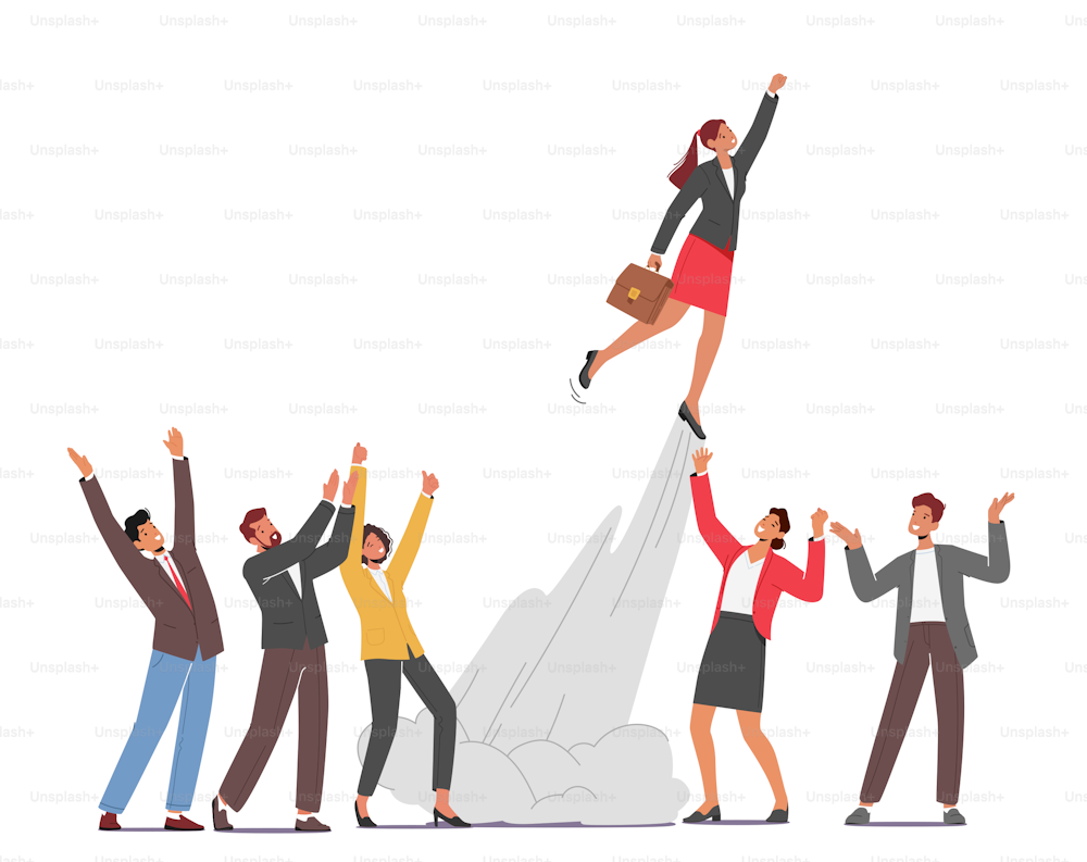 Cheerful Colleagues Rejoice See Off Cool Businesswoman Take Off like a Rocket in Sky with Raised Hand. Great Start Up Launch, Career Boost, Office Worker Business Growth. Cartoon Vector Illustration