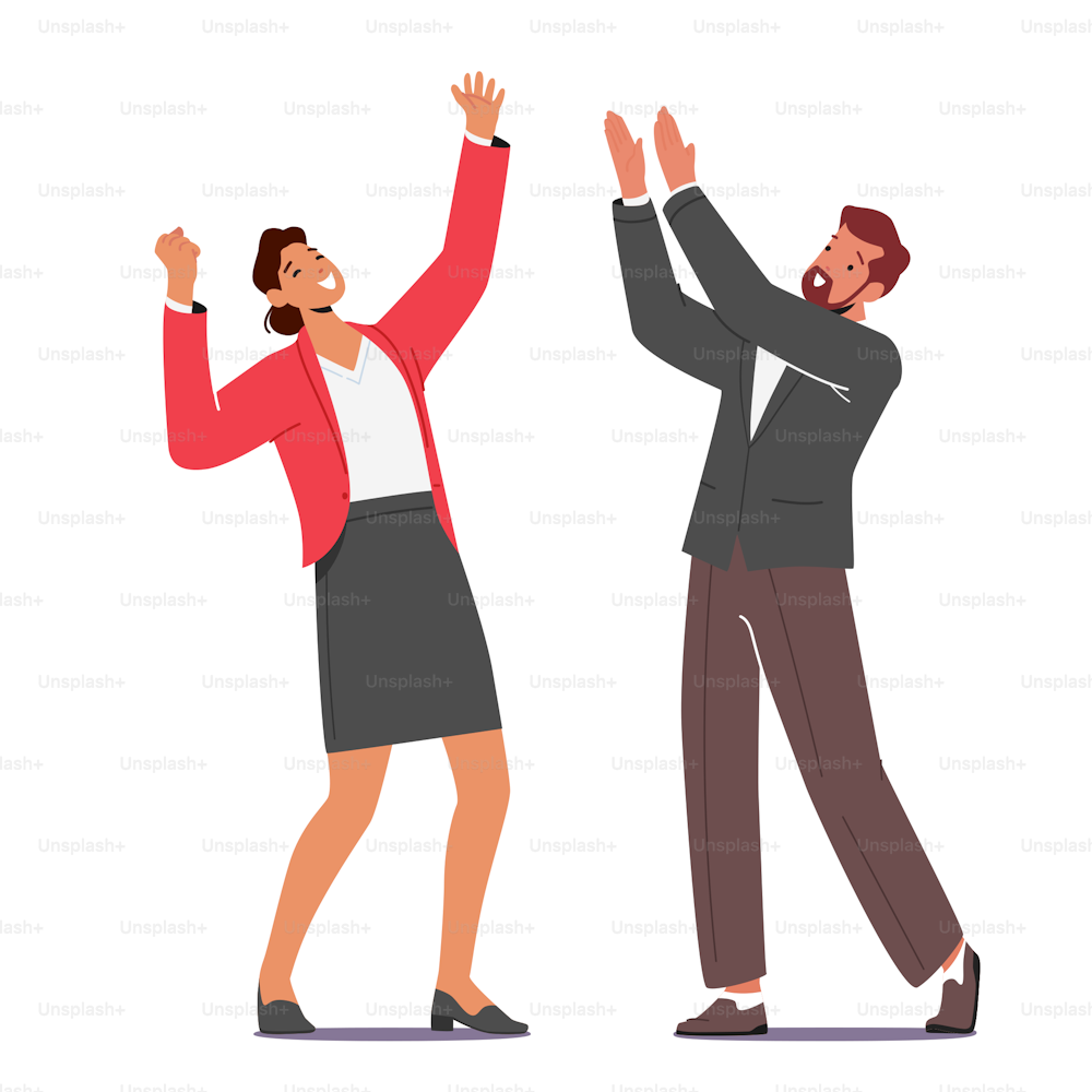 Business Man and Woman Feel Positive Emotions, Adult Colleagues in Formal Clothes laugh, Yell, Applauding and Waving Fists. Happy Characters Celebrate Win, Success. Cartoon People Vector Illustration