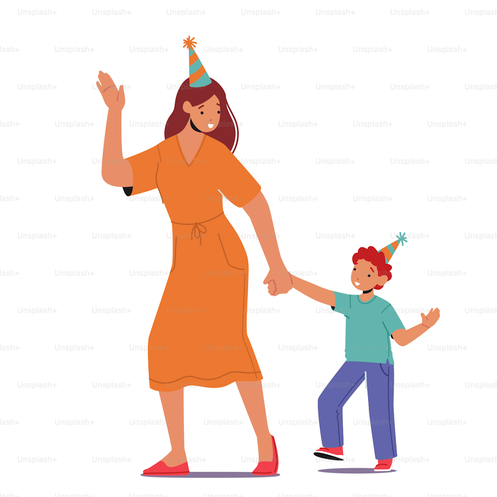 La donna e il bambino indossano cappelli festivi celebrano il compleanno isolati su sfondo bianco. Madre con figlio o insegnante con personaggi di bambini che si tengono per mano e si divertono. Illustrazione vettoriale delle persone del fumetto