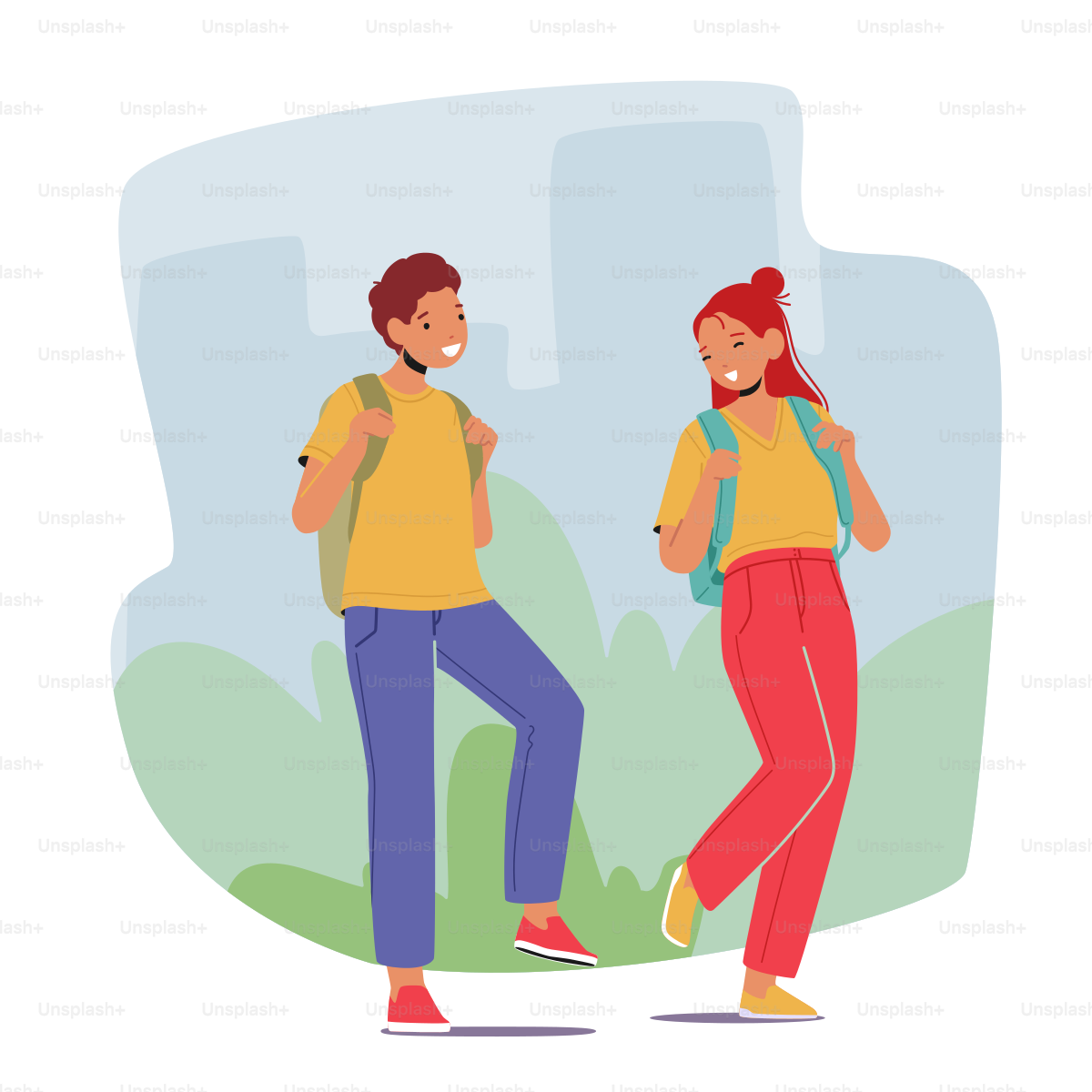 Escolares caminan con mochilas sobre el fondo de la ciudad. Los personajes infantiles llevan uniforme y mochilas para la educación y el conocimiento, comienza el año educativo. Ilustración vectorial de personas de dibujos animados