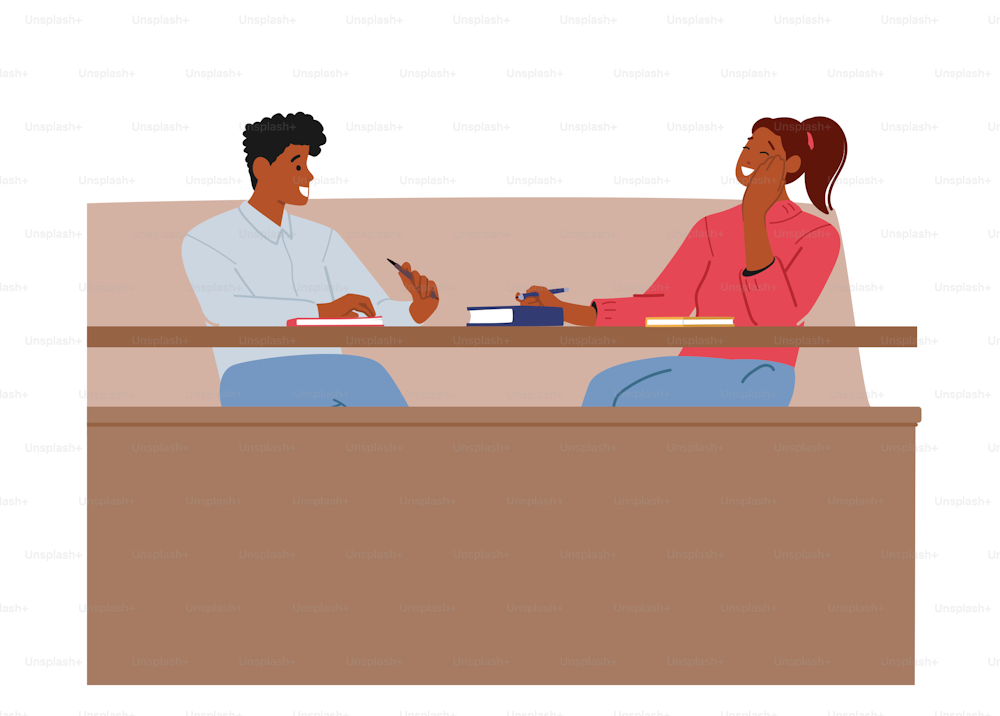 Students Characters on Bored Lecture In College Or University Hall. Class or Auditorium With Young People Chatting and Laughing Sitting at Desk with Textbooks. Cartoon People Vector Illustration