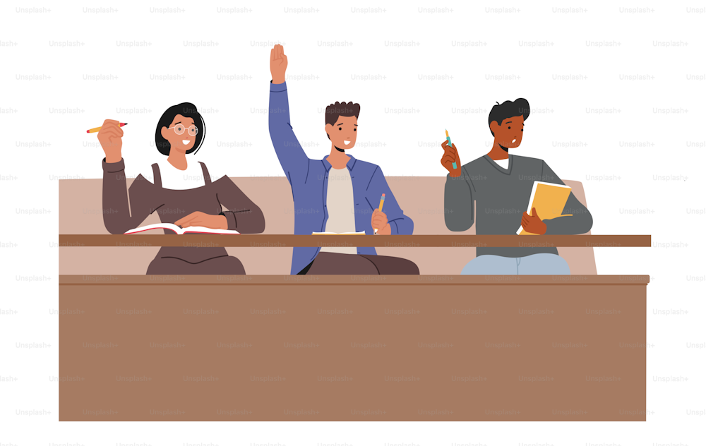 Students Listening Lecture in University Or College Hall, Characters Sitting on Tribune Taking Notes, Asking Questions, Raising Hands. High School Education Concept. Cartoon People Vector Illustration