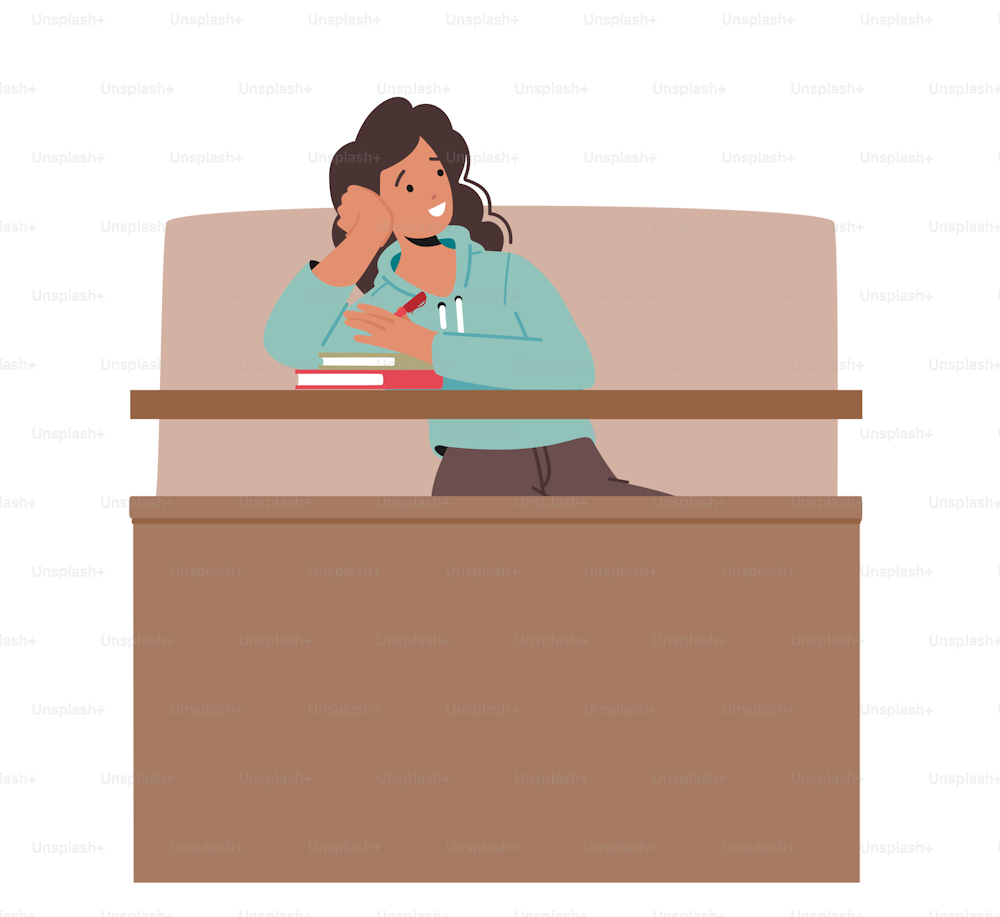 Tired And Sleepy Student Girl On Bored Lecture In College Or University Hall. Young Woman Sitting at Desk in Class or Auditorium, Female Character Learning. Cartoon People Vector Illustration