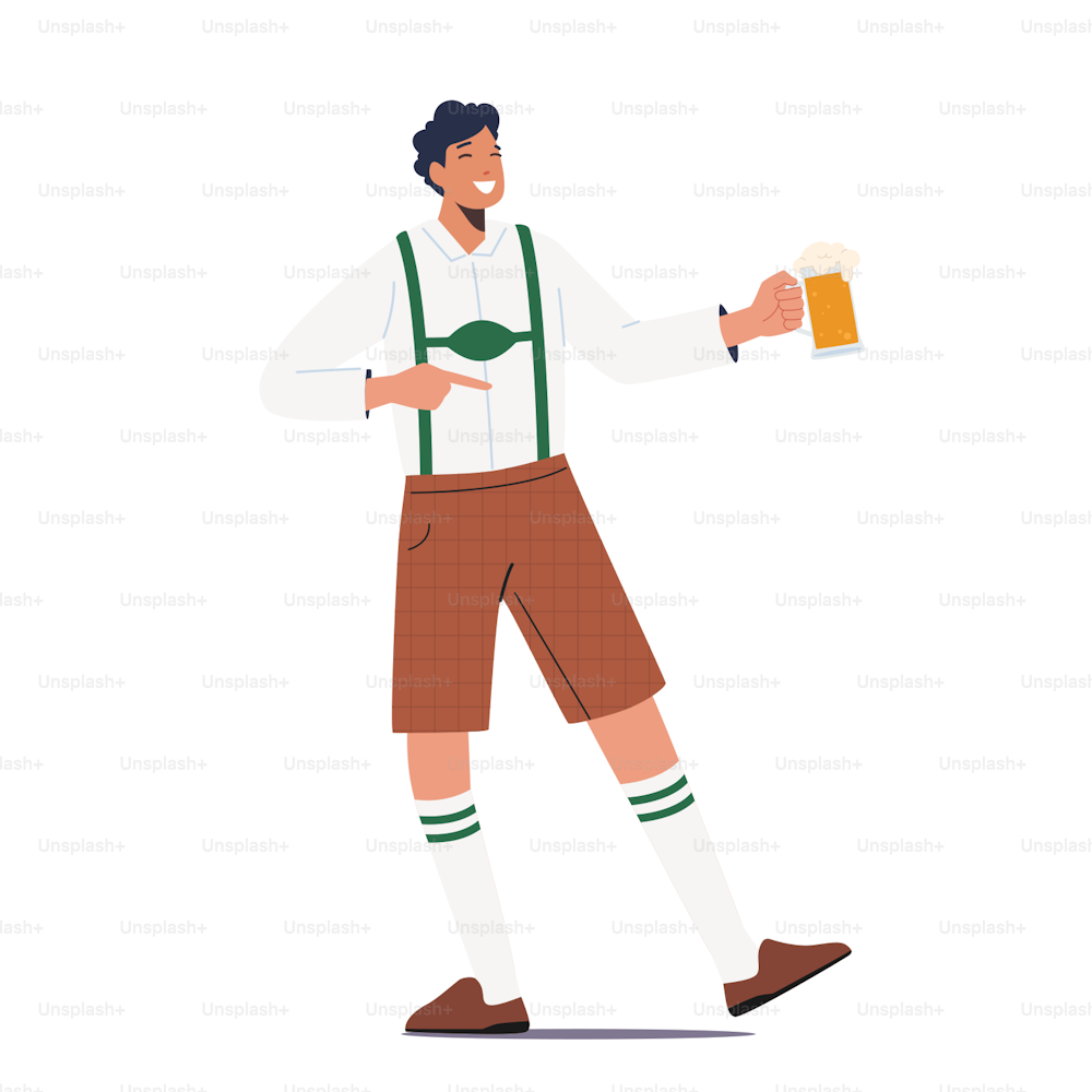 Männliche Figur trägt bayerische Tracht mit Bierkrug in der Hand Feiern Sie das Bierfest Festival isoliert auf weißem Hintergrund. Traditionelles deutsches Bierfest. Cartoon Menschen Vektor Illustration