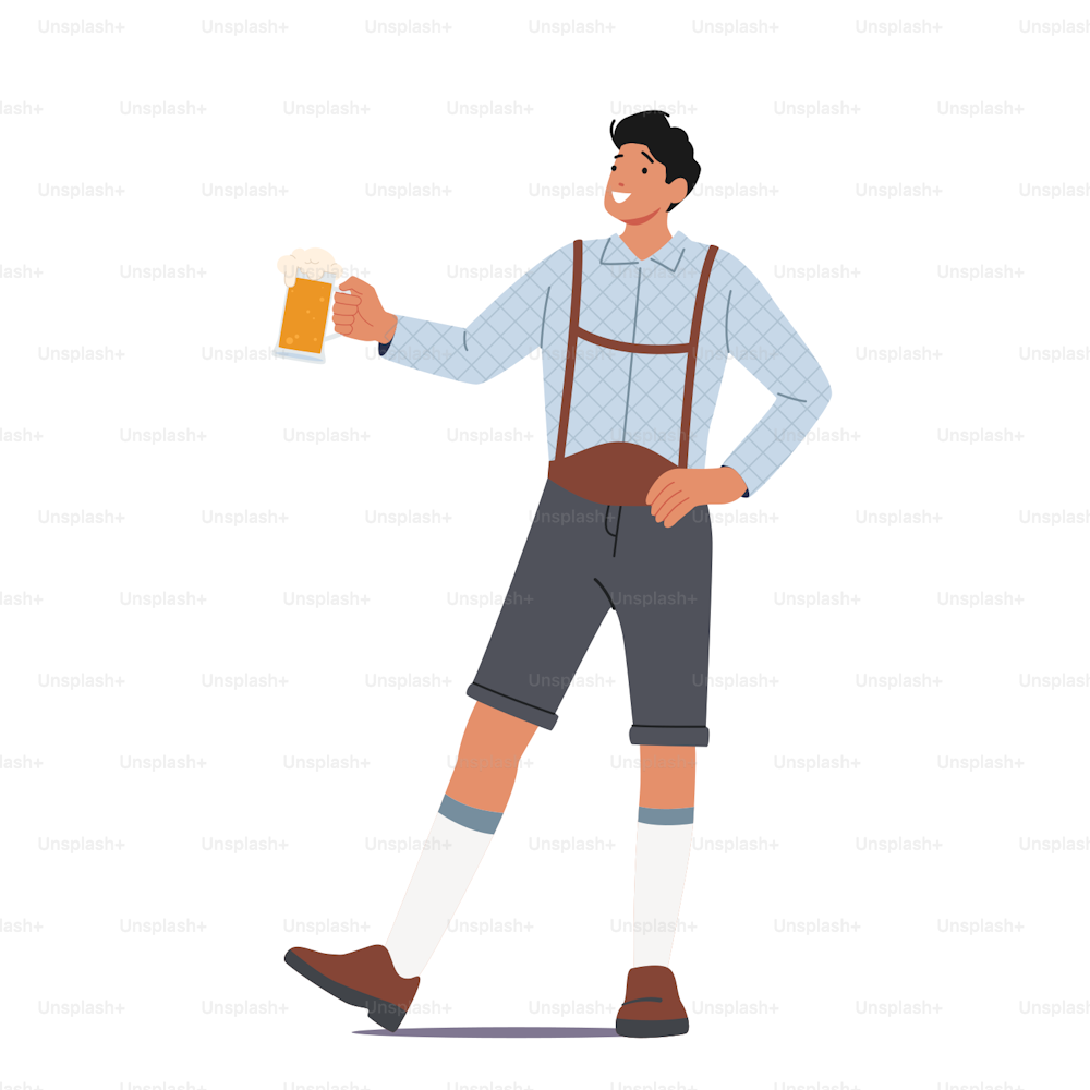 Tradicional Beer Fest German Beer Fest. Personagem masculino veste traje bávaro segurando caneca de cerveja na mão celebra festival isolado no fundo branco. Ilustração vetorial de pessoas dos desenhos animados