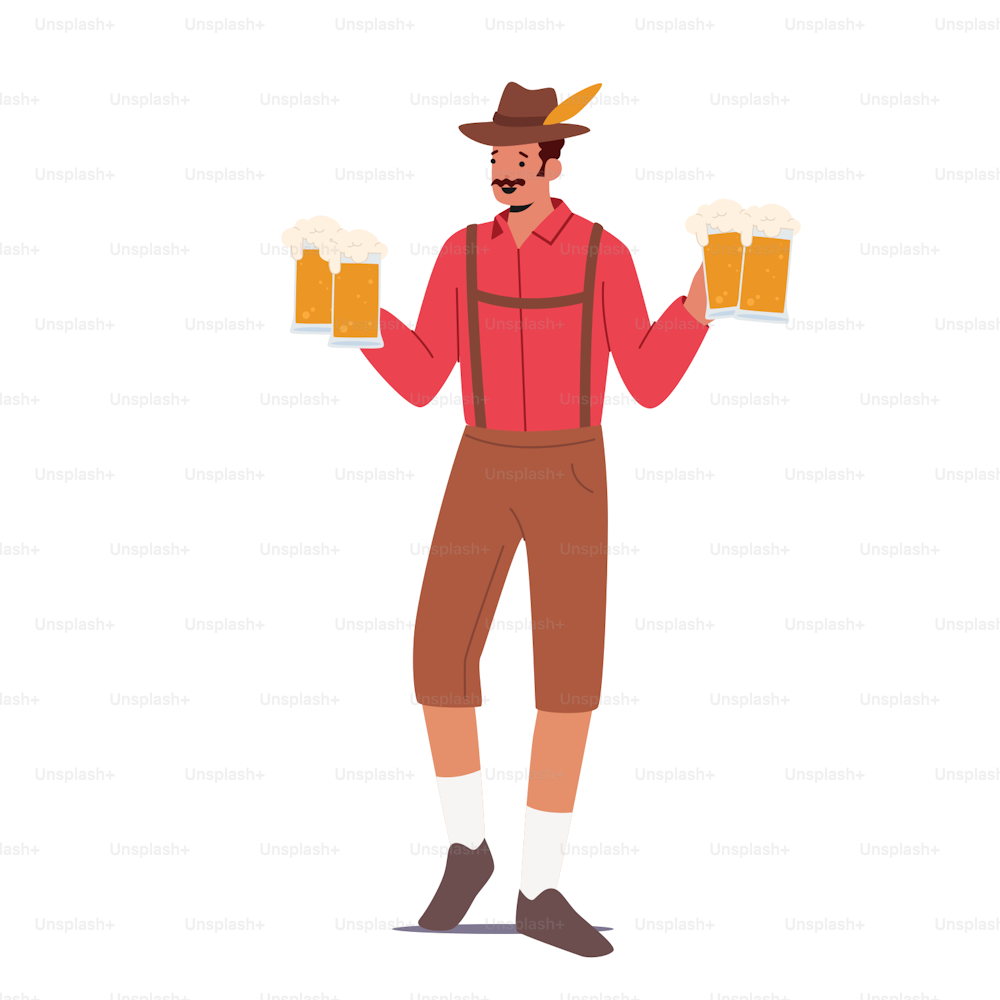 Celebração tradicional do festival de cerveja alemão. Personagem masculino usa traje bávaro e chapéu segurando canecas de cerveja celebram o festival Beer Fest isolado no fundo branco. Ilustração vetorial de pessoas dos desenhos animados