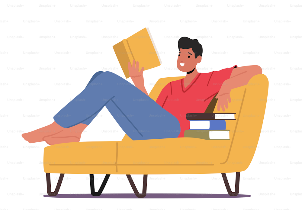 Young Man Student Character Reading Book Lying on Couch. Bookworm Male Character Enjoying Reading, Gaining Education, Knowledge, Learning in University or College Concept. Cartoon Vector Illustration