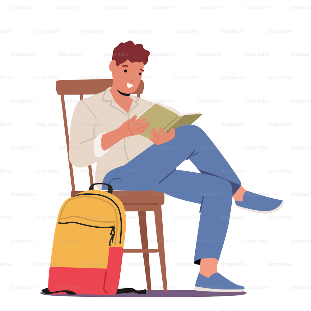 Young Man Student Sitting on Chair with Book in Hands Isolated on White Background. Male Character Bookworm Reading Textbook, Education, Learning, Library Knowledge. Cartoon Vector Illustration