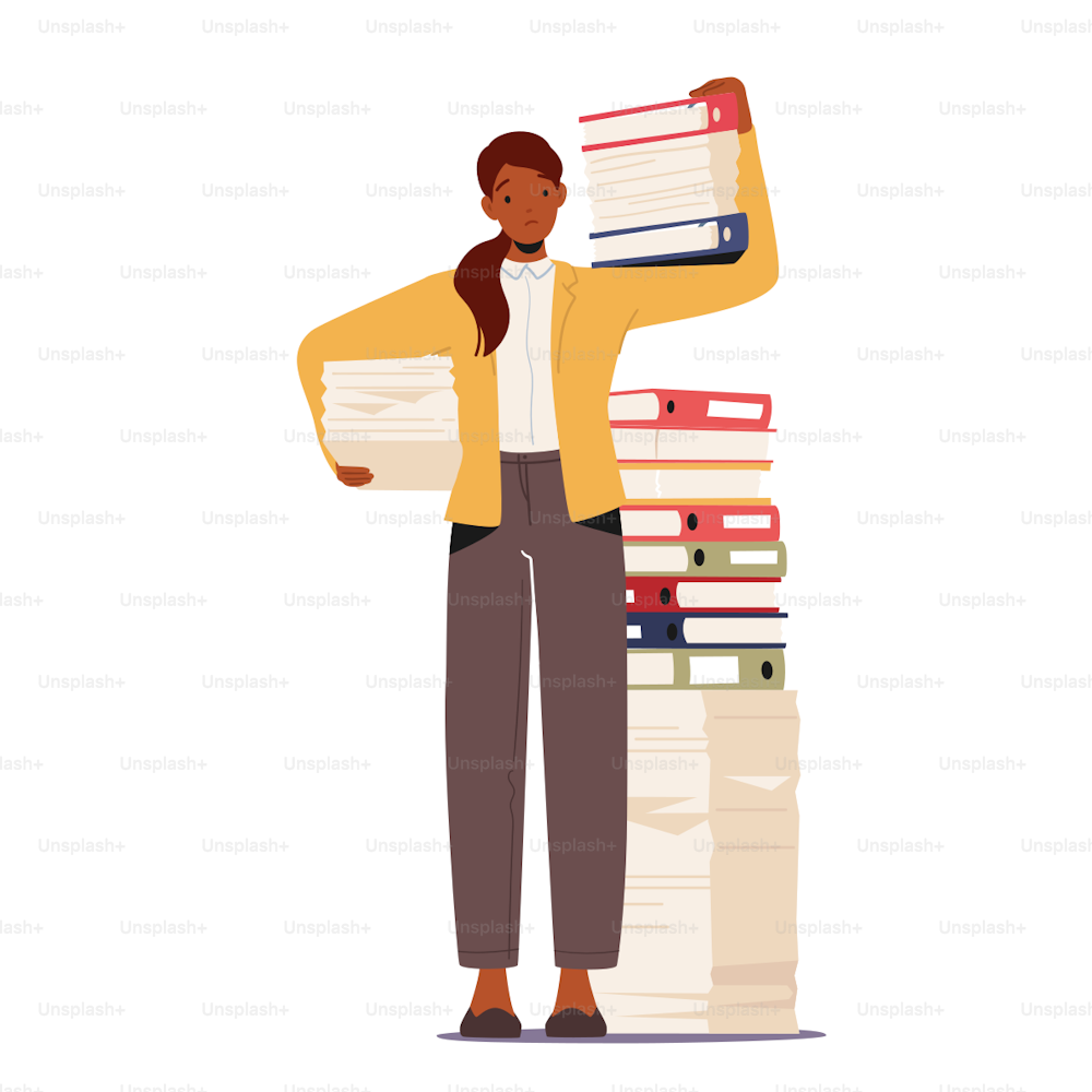 Overworked Businesswoman Carry Huge Steak of Documents and Folders. Workaholic Office Character, Employee Overload at Work, Busy Manager at Workplace with Paper Heap. Cartoon Vector Illustration