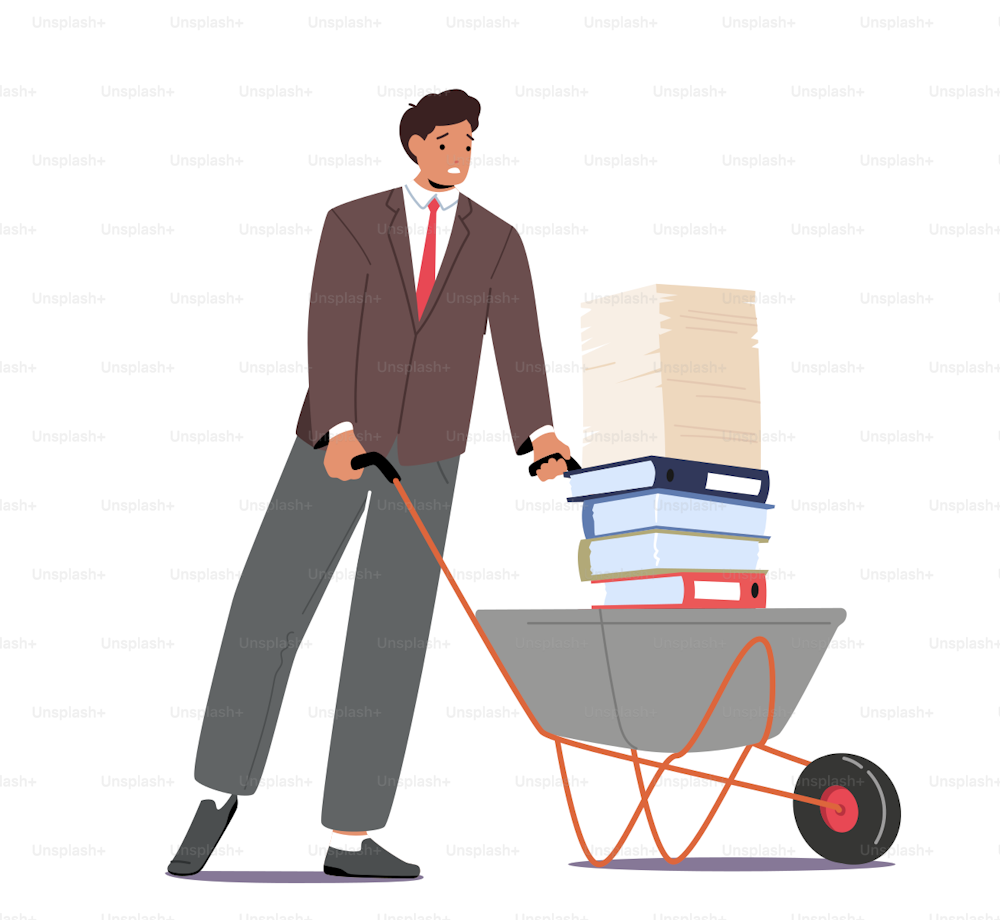 Paperwork, Accounting Bureaucracy Concept, Businessman Push Wheelbarrow with Huge Steak of Documents. Office Employee, Manager Male Character Overload at Work. Cartoon Flat Vector Illustration