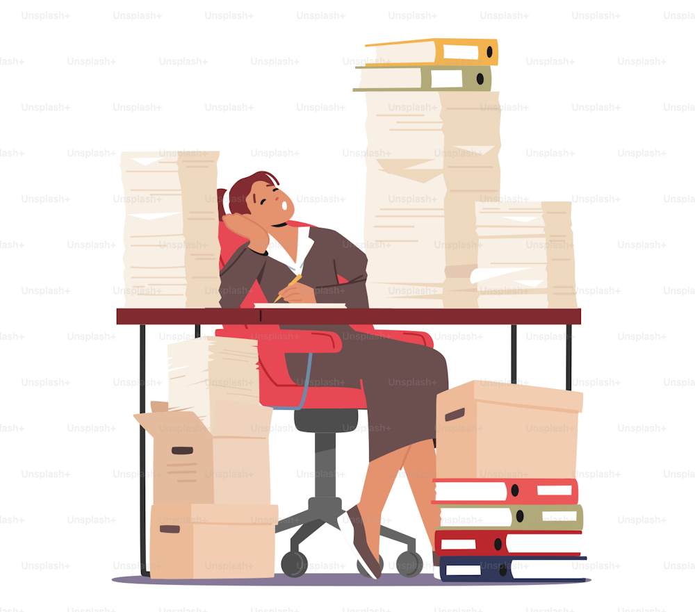 Tired Business Woman Sleeping at Workplace with Heaps of Documents and Paperwork. Secretary Loaded with Hard Work in Office. Stress and Time Management Concept. Cartoon People Vector Illustration