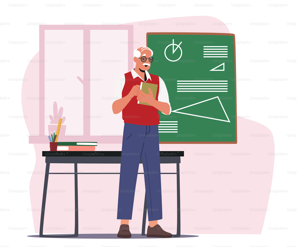 Senior Teacher Stand at Blackboard Explain Geometry Science to Students. Aged Tutor Male Character Holding Textbook at Chalkboard with Figures and Theorems. Cartoon People Vector Illustration