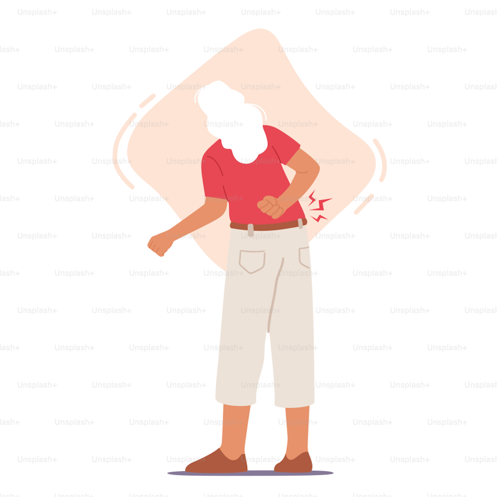Backache Sickness. Old Female Character Suffer of Back Pain Isolated on White Background, Muscular Inflammation or Injury. Seniors Health Care, Medicine Concept. Cartoon People Vector Illustration