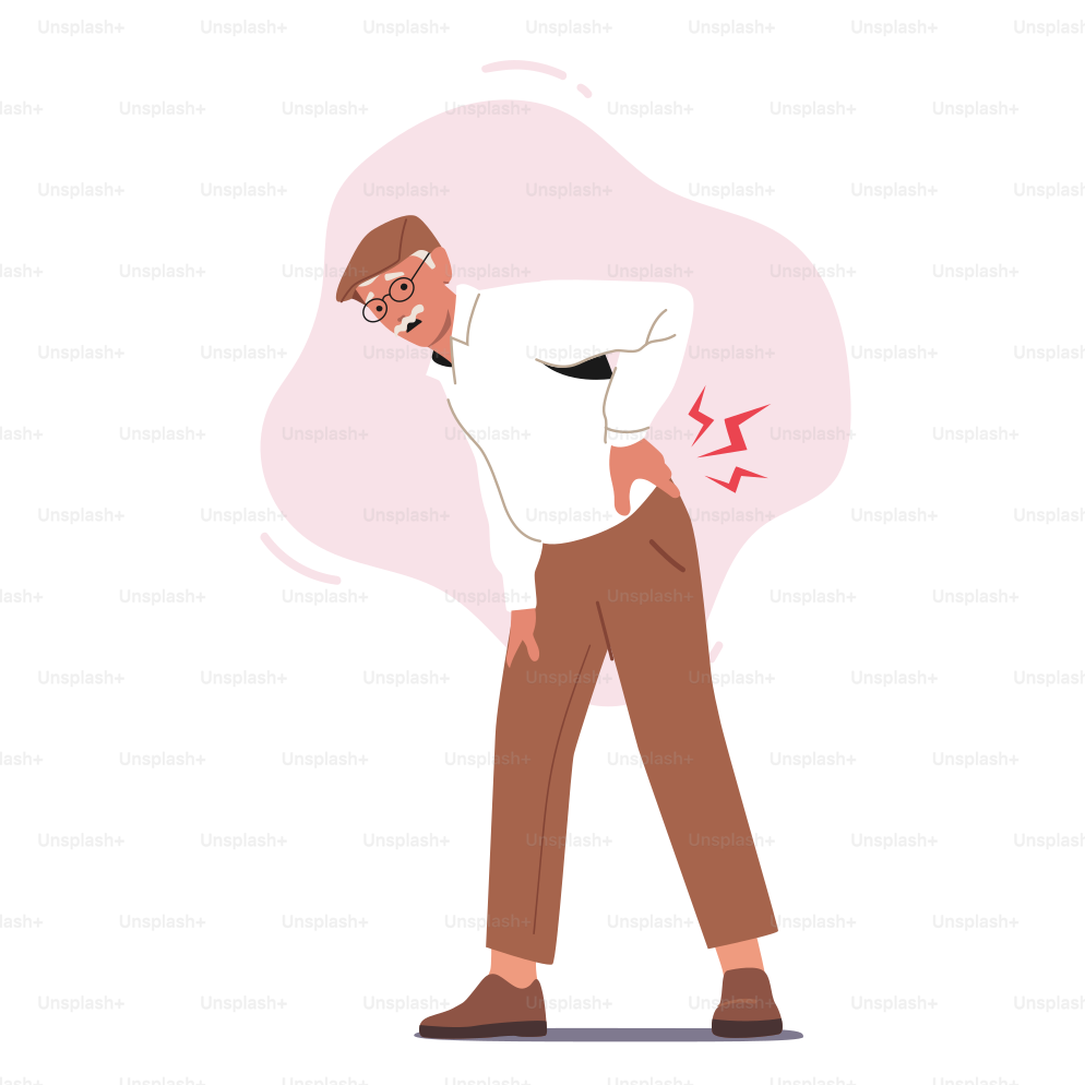Seniors Health Care, Medicine, Backache Sickness Concept. Old Male Character Suffer of Back Pain Isolated on White Background, Muscular Inflammation or Injury. Cartoon People Vector Illustration