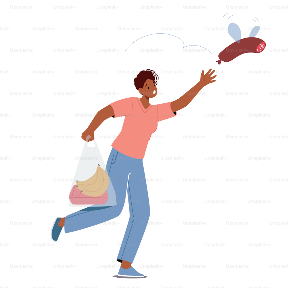 Food Inflation, Price Increase due to Global Crisis and Economic Recession. Woman Character Trying Catch Grocery, Sausage Flying Away from Customer in Supermarket. Cartoon People Vector Illustration