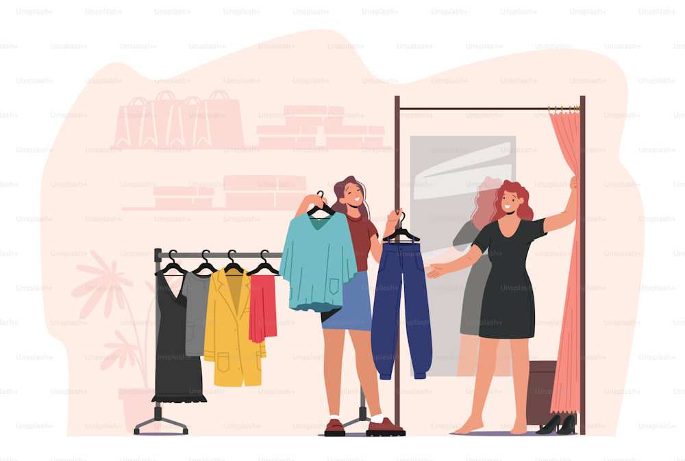 Young Woman Choosing Fashioned Dress in Store, Sales Woman Assistant Offer Garment of New Collection Standing near Hanger. Female Character Shopping Spare Time Hobby. Cartoon Vector Illustration