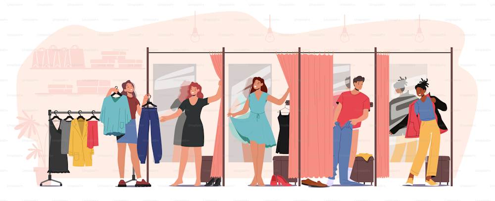 Young People in Fitting Room, Men and Women Trying on Closes in Changeroom at Store, Sales Woman Assistant Help to Choose Apparel to Customers Stand in Cabin with Mirror. Cartoon Vector Illustration