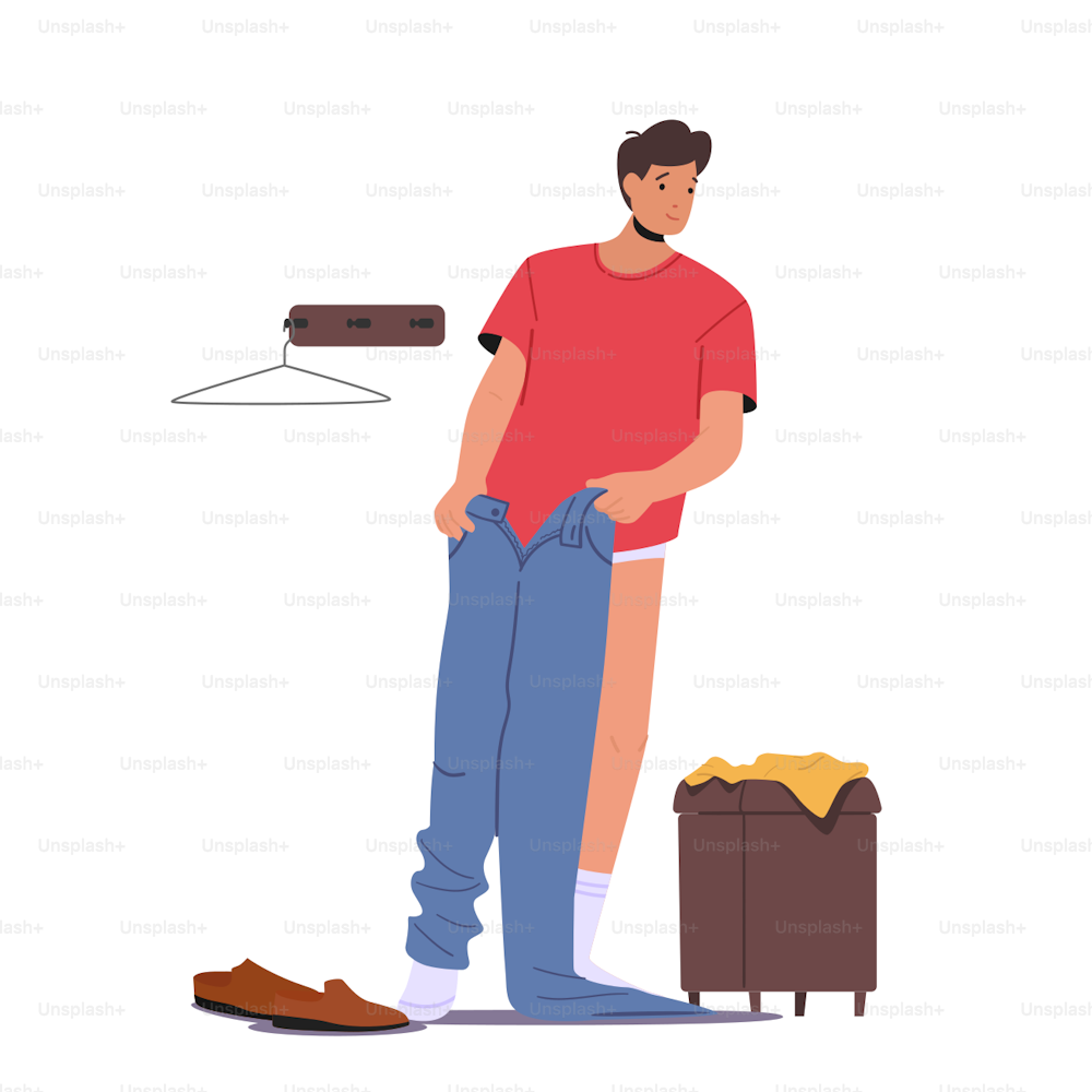People Fitting Clothes in Store Concept. Young Male Character Dressing Up Trousers in Shop Cabin with Hangers and Couch. Man Put on Jeans Isolated White Background. Cartoon Vector Illustration