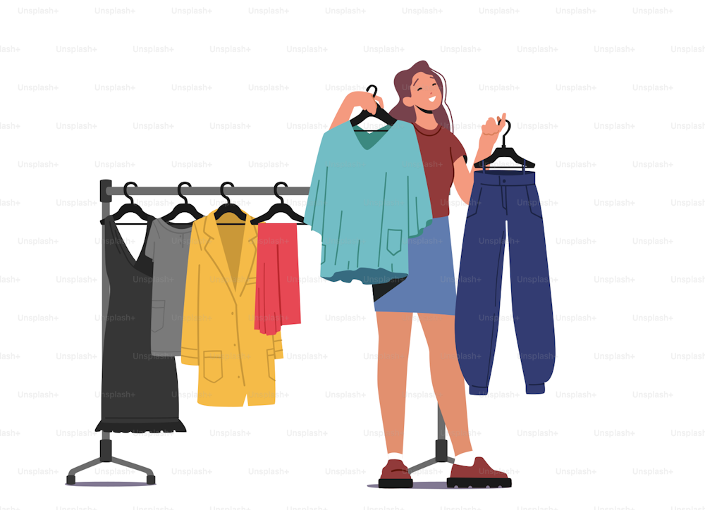 Young Stylish Woman Choosing New Fashioned Clothes in Store. Girl Buying Garment Standing near Hanger in Apparel Boutique in Mall. Female Character Shopping Spare Time. Cartoon Vector Illustration