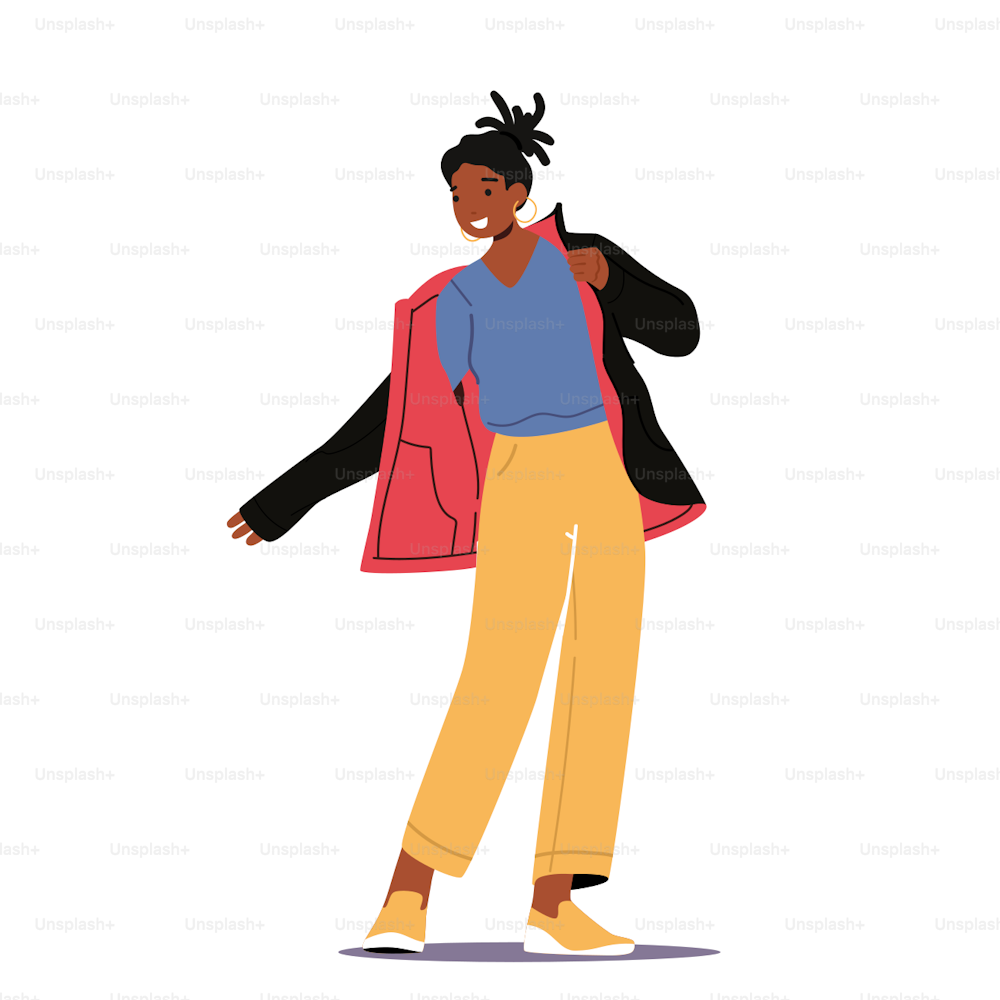 African Female Character Dressing Up Warm Coat. Woman Put on Winter or Autumn Clothes Prepare to go Outside or Fitting in Store Isolated White Background. Cartoon People Vector Illustration