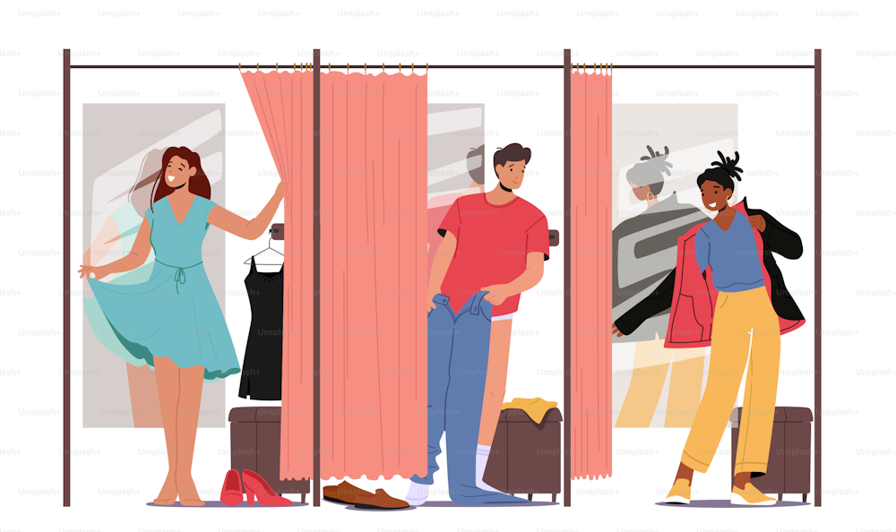 Men and Women Trying on Closes in Store Changeroom, Young People in Fitting Room, Male and Female Characters Choose Apparel, Customers Stand in Cabins with Mirror. Cartoon Vector Illustration