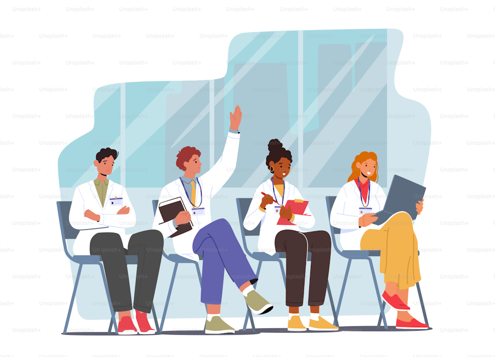 Medical Internship School Concept. Young Medic Specialists Sitting on Chairs, Writing Notes, Asking Questions, Listen Seminar. Team Of Interns Characters Studying. Cartoon People Vector Illustration