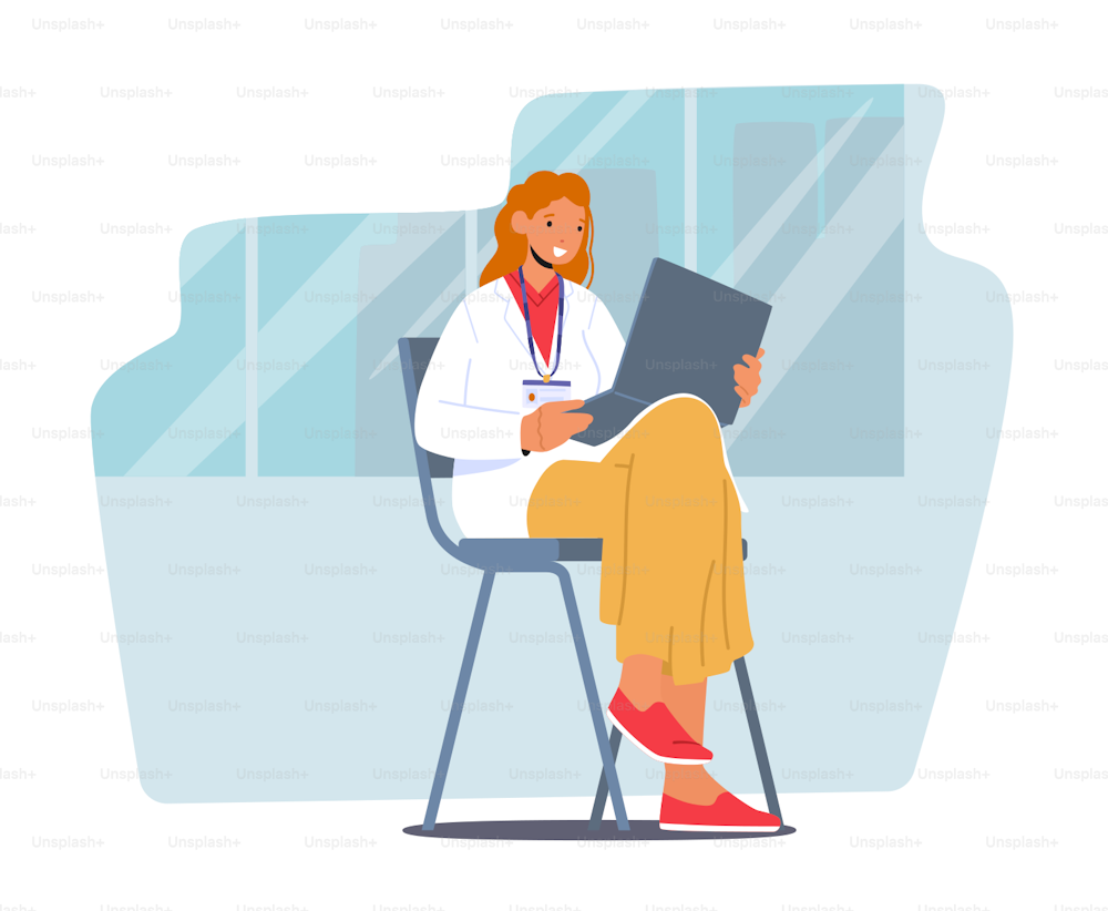 Medical Student Or Nurse Intern Female Character In Doctor Uniform with Badge Sitting on Chair with Folder in Hands Listening Seminar or Lecture in Medical School. Cartoon People Vector Illustration