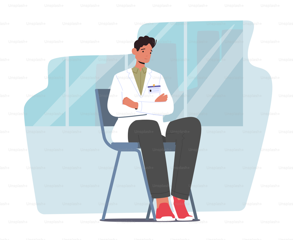 Medical Student Intern Male Character In Doctor Uniform with Badge Sitting on Chair with Crossed Hands Listening Seminar or Lecture in Medical School. Cartoon People Vector Illustration