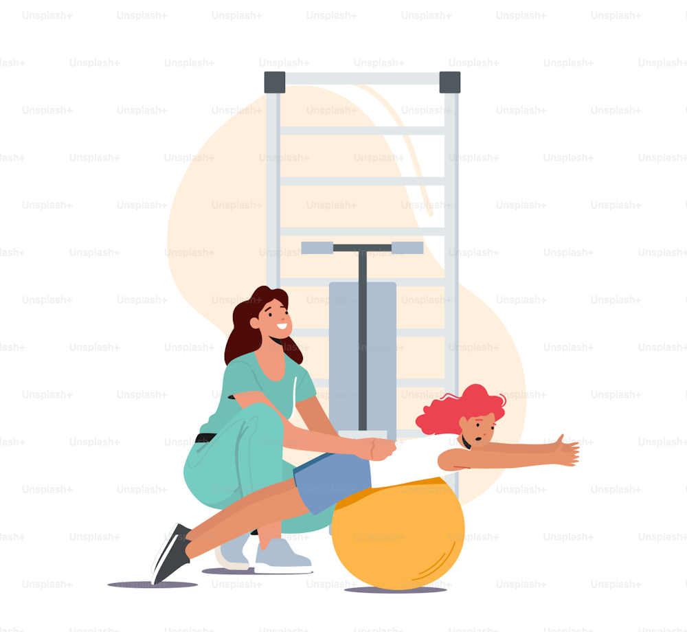 Patient Physiotherapy and Orthopedic Rehabilitation In Rehab Center, Restoring Health After Illness And Injury. Doctor Character Help to Little Girl Lying in Ball. Cartoon People Vector Illustration