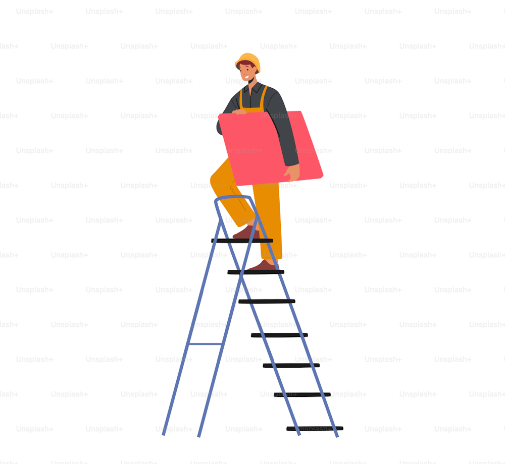 Worker Character with Red Tile Climbing on Ladder Isolated on White Background. Employee Conduct Roofing Works, Repair House Rooftop, Roofer Man with Work Tools. Cartoon Vector Illustration