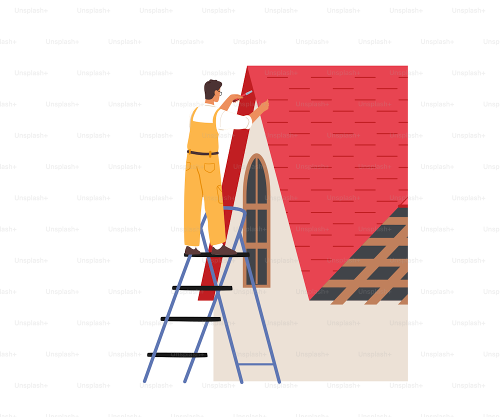Roofer Man Renovate Residential Building Roof Construction. Worker Character Stand on Ladder Conduct Roofing Works, Repair Rooftop, Tiling House with Carpentry Equipment. Cartoon Vector Illustration