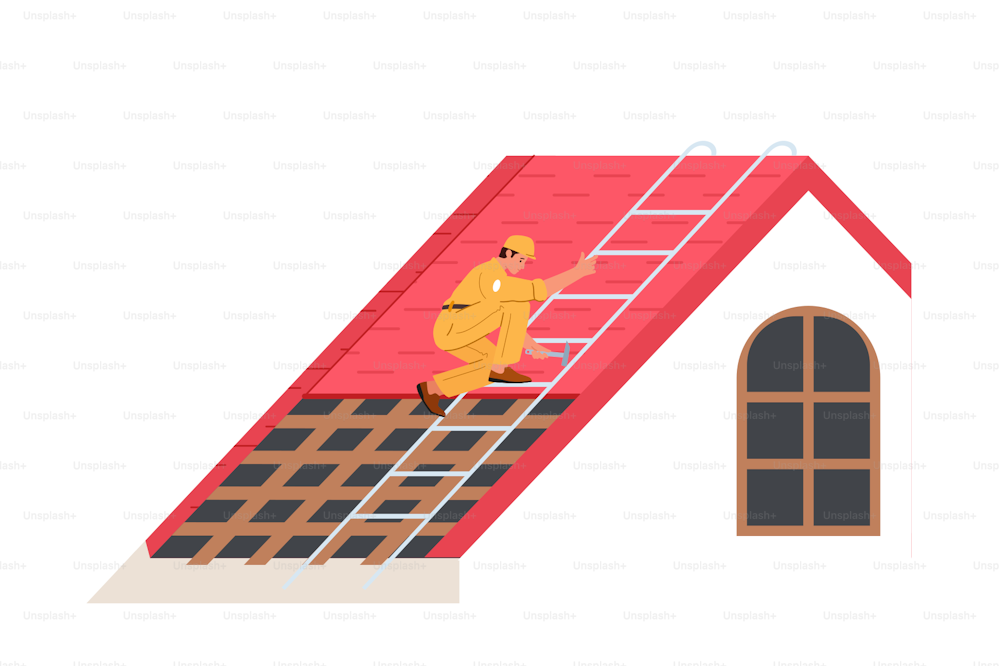 Worker Character with Equipment Conduct Roofing Works, Repair Home, Tile House Rooftop, Roofer Man with Work Tools Renovate Residential Building or Cottage. Cartoon Vector Illustration