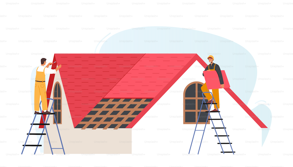 クライミング機器を持った労働者のキャラクターは、屋根工事、家の修理、タイル張りの家の屋上、作業道具を持った屋根葺き職人が住宅やコテージを改装します。漫画のベクターイラスト