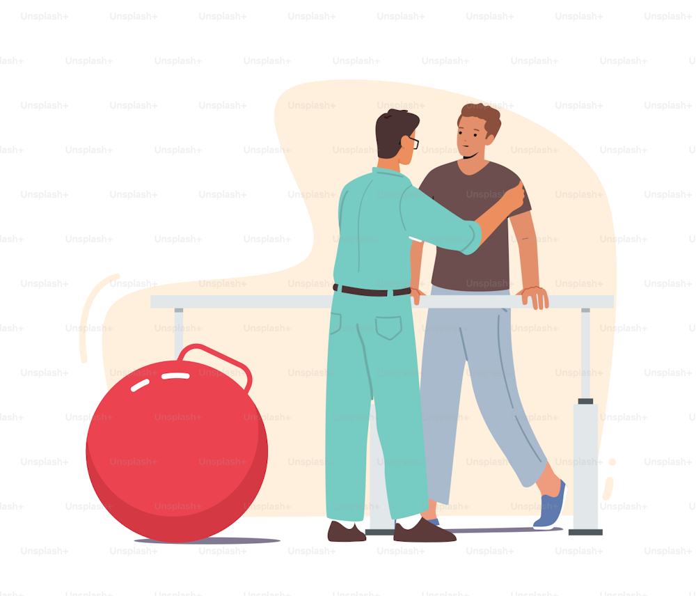 Doctor Helping Patient To Walk After Injury Or Medical Operation During Physio Therapy And Rehabilitation Treatment. Character With Physical Disabilities Training on Bars. Cartoon Vector Illustration