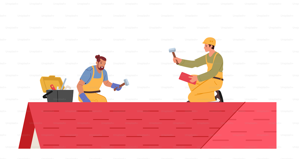 Men Roofers with Work Tools Roofing and Tiling Residential Building Roof. Construction Workers Characters Repair Home, Fixing House Rooftop Tile with Instruments. Cartoon People Vector Illustration