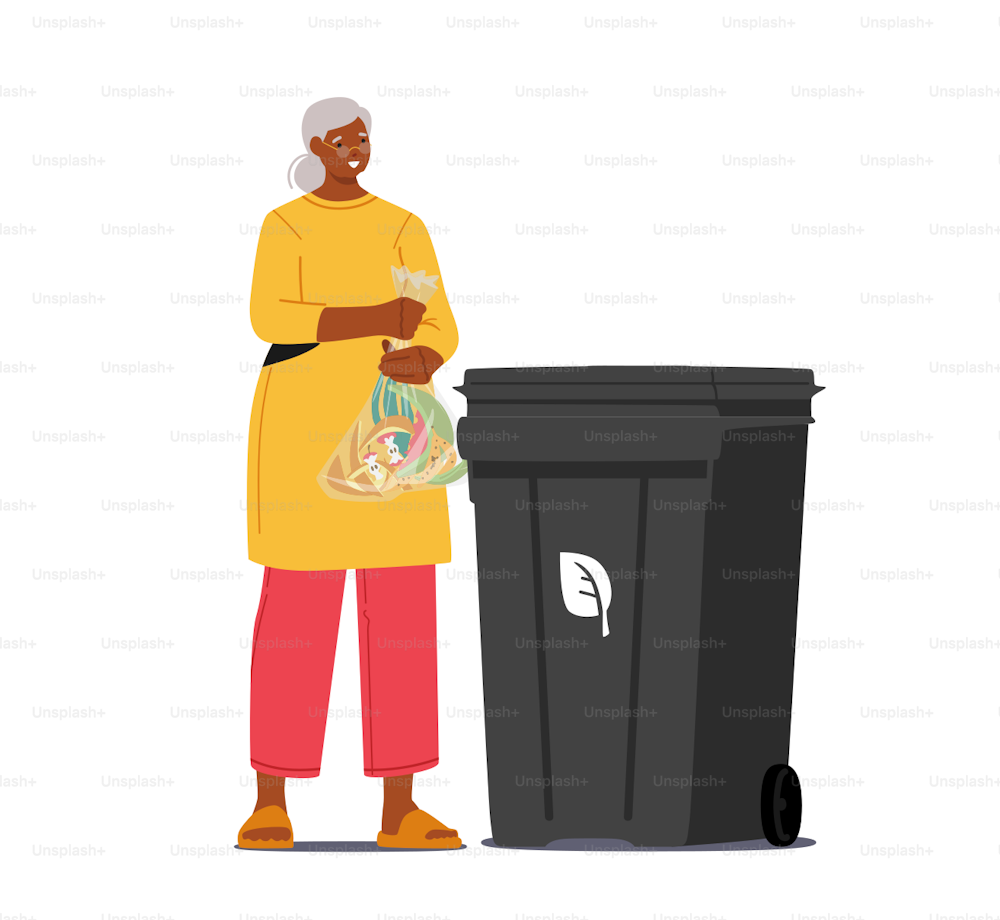 Mülltrennung, Recycling und Trennung, Umweltschutzkonzept. Ältere Stadtbewohnerin wirft Müll, um Mülleimer für organische Abfälle zu recyceln. Cartoon Menschen Vektor Illustration