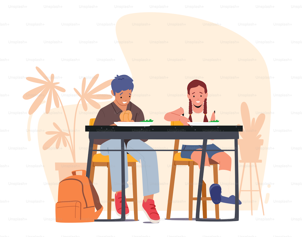 School Cafeteria Canteen Interior With Schoolchildren Sitting At Tables and Eating Food In Dining Hall After Classes. Kids Characters Eating Lunch. Cartoon People Vector Illustration