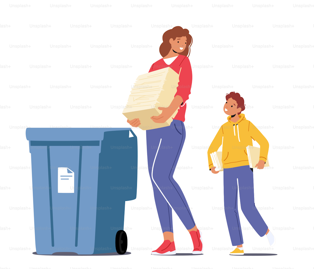 Mother and Son Throw Garbage into Containers with Sign for Recycle Paper. Woman Use Bin for Collecting Litter. Trash Recycle, Environmental Pollution Problem Solution. Cartoon Vector Illustration