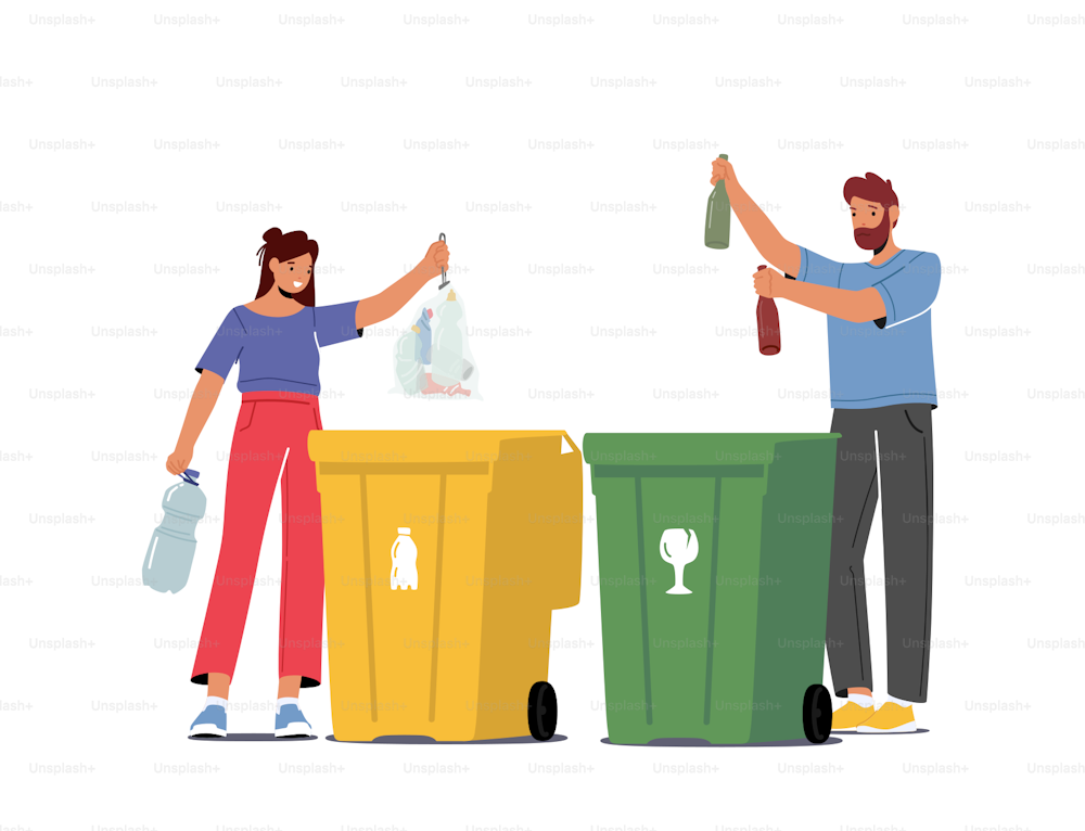 쓰레기 분류, 재활용 및 분리, 환경 보호 개념. 피플 시티 주민들은 쓰레기통에 유리와 플라스틱 쓰레기를 재활용하기 위해 쓰레기를 버립니다. 만화 벡터 일러스트레이션