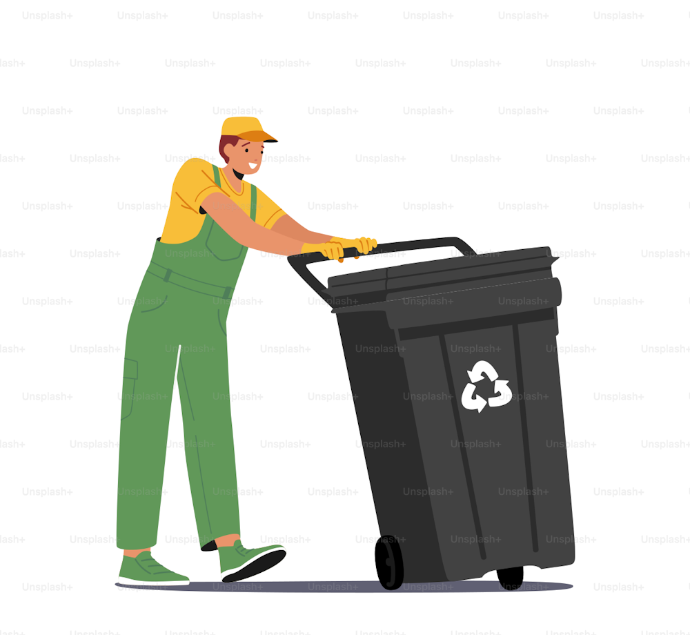 Scavenger in Uniform Pull Litter Bin. Trash and Wastes Recycling, City Cleaning Service Work Process. Employee Cleaning Garbage and Rubbish into Recycling Bin on Street. Cartoon Vector Illustration