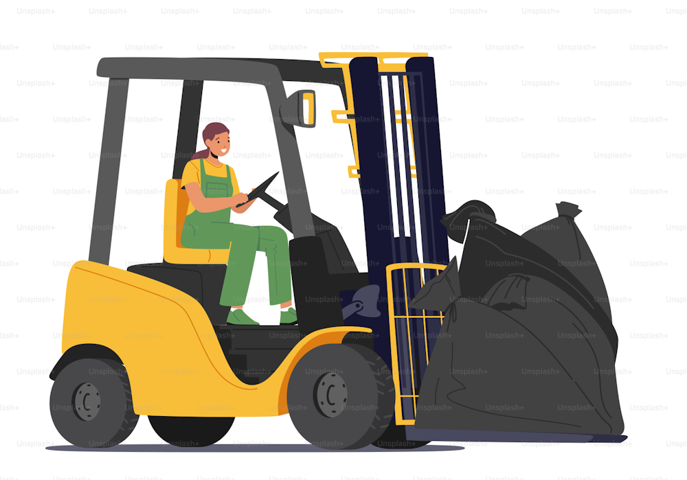 Litter Manufacturing Concept. Female Worker Character Driving Forklift Truck with Garbage Sacks for Waste Processing, Recycling and Storage for Further Disposal. Cartoon People Vector Illustration