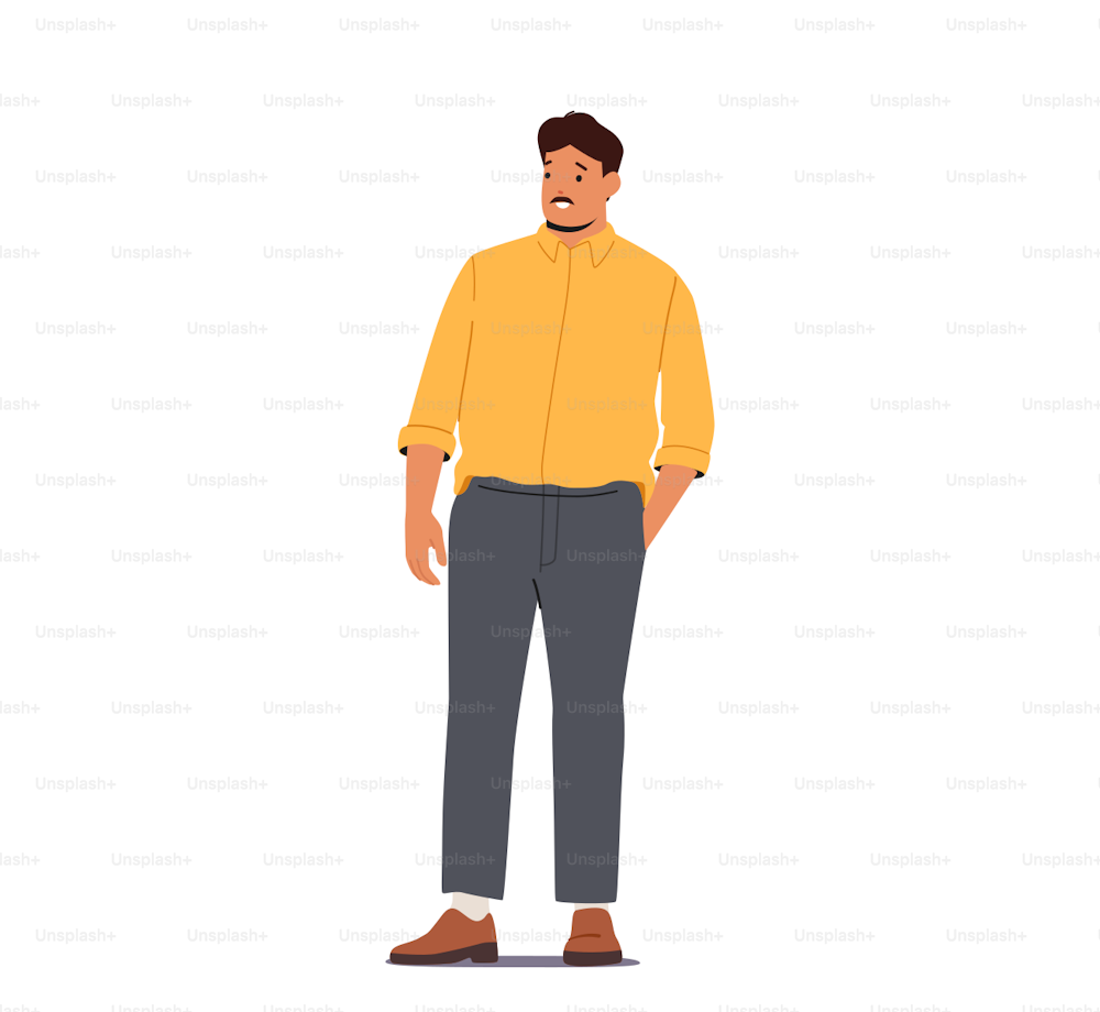 Body Positive Concept. Trendy Plus Size Man Stand with Hand in Pocket, Male Character Love And Accept his Body, Fashion for Curvy People Isolated On White Background. Cartoon Vector Illustration
