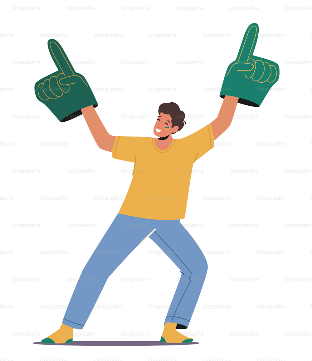 Football Supporter Fan Cheering and Celebrate Watching Match at Stadium or Tv. Isolated Excited Male Character Wear t-shirt and Gloves Fun on Sport World Championship. Cartoon Vector Illustration