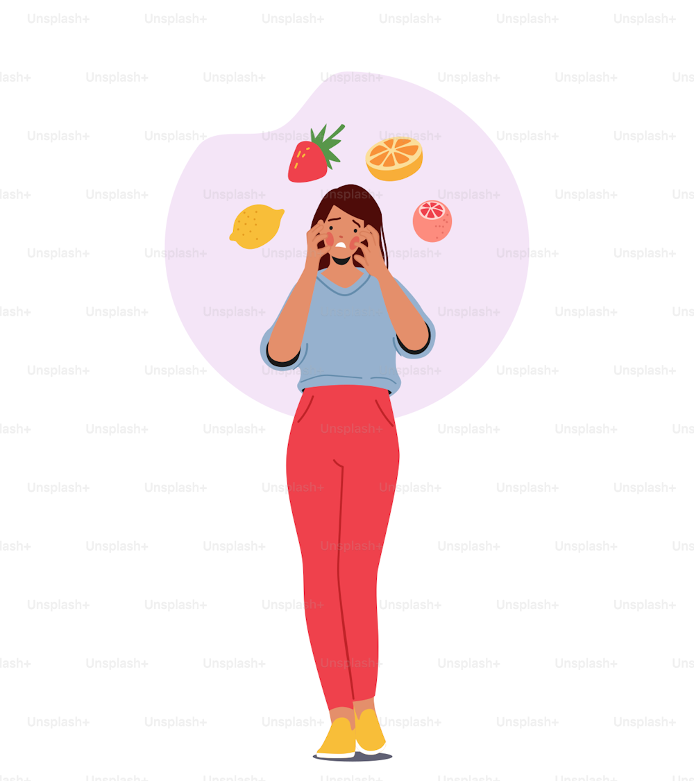 Woman Having Food Allergy Symptom to Citrus and Berry Products. Female Character Got Red Spots On Face due to Allergic Reaction Isolated On White Background. Cartoon People Vector Illustration