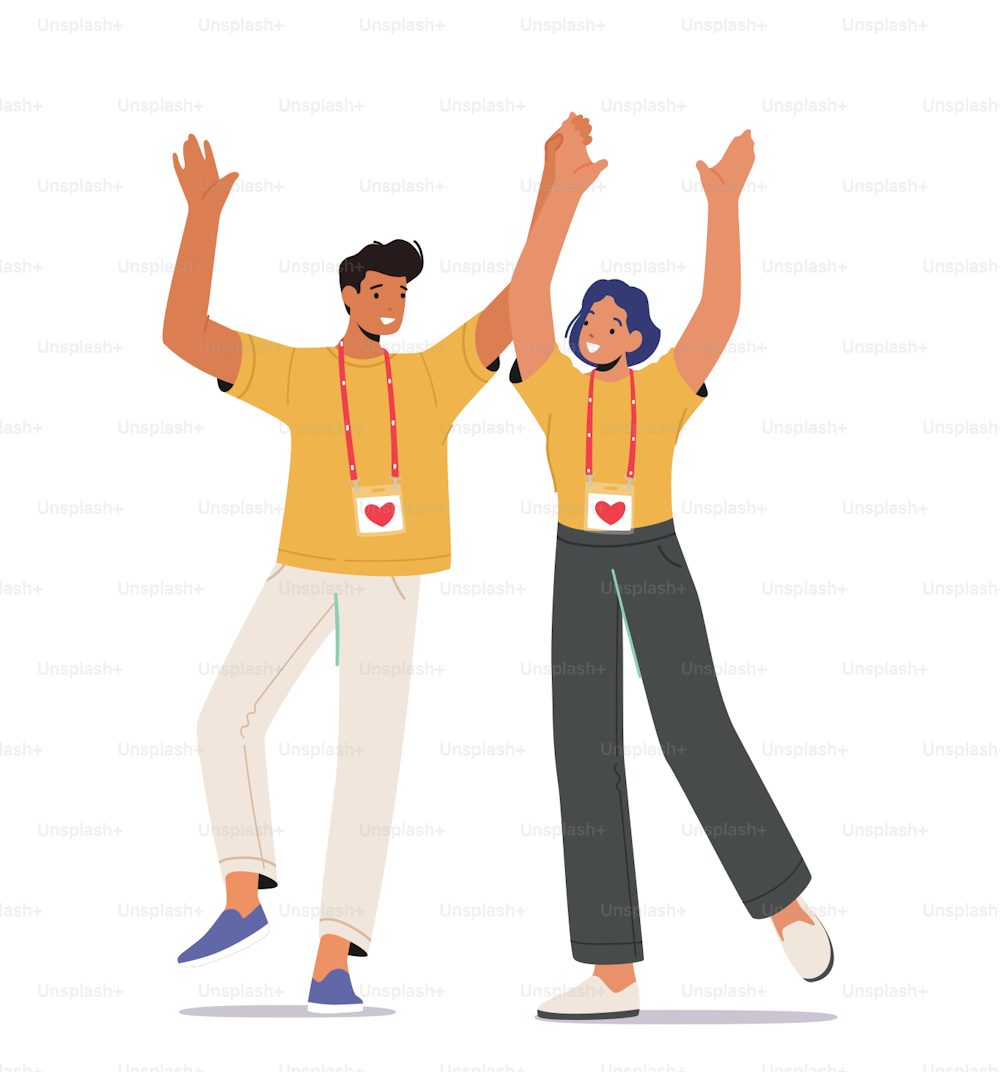 Happy Volunteers Team Rejoice Together. United People From Donation Community, Social Charity or Volunteering Service Stand with Hands Up Isolated on White Background. Cartoon Vector Illustration