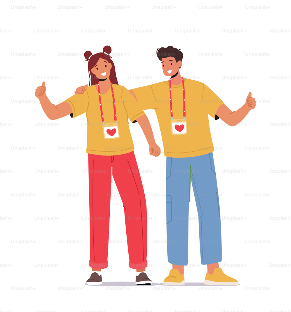 Happy Volunteers Team Male and Female Characters From Social Charity Service Stand Together. Smiling Joyful United Man And Woman with Donation Community Badges. Cartoon People Vector Illustration