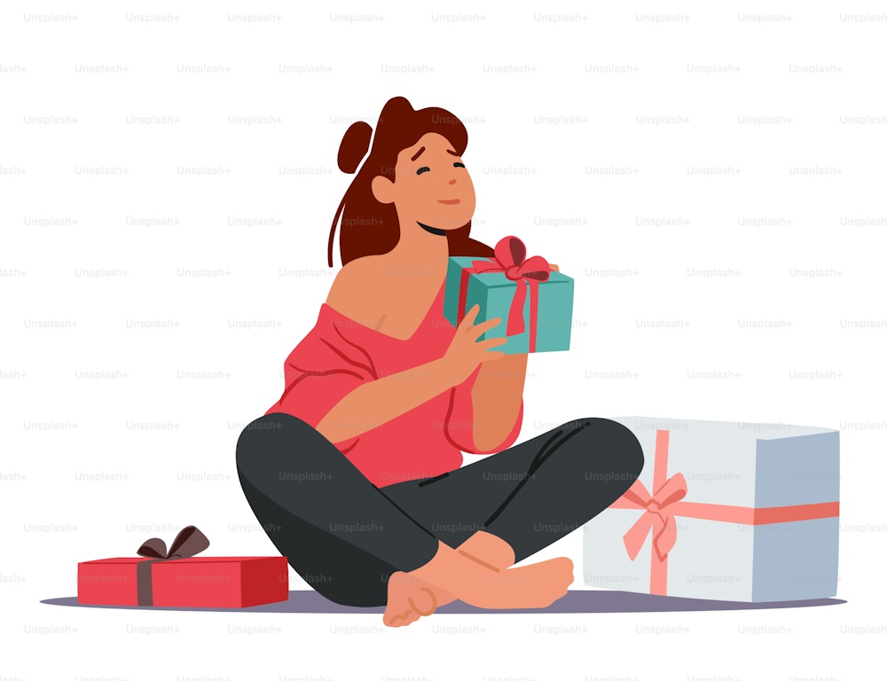 幸せな女性キャラクターがプレゼントを受け取ります。床に座っている包装されたギフトボックスを持つ女性。白い背景にお祝いイベント、休日のお祝い、驚きのコンセプト。漫画のベクターイラスト